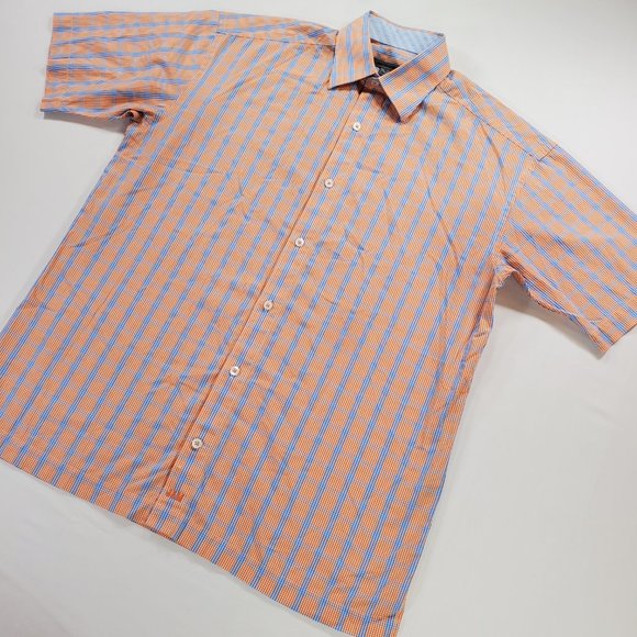 Johnston Murphy Shirt Men Medium Orange Blue Check Regular Fit Casual Button Up - Picture 7 of 14